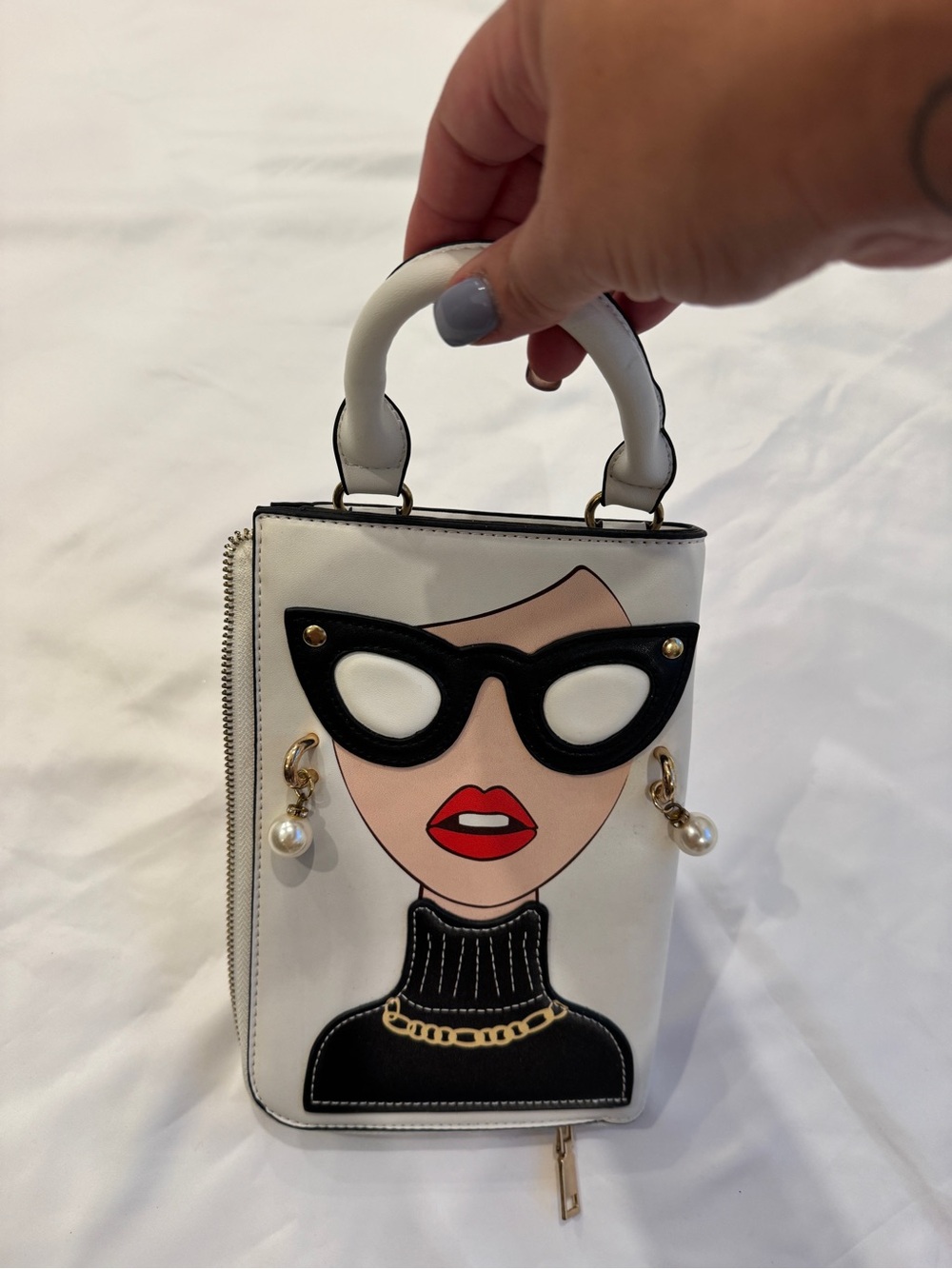 White Novelty Portrait Top-Handle Bag with Black Accents